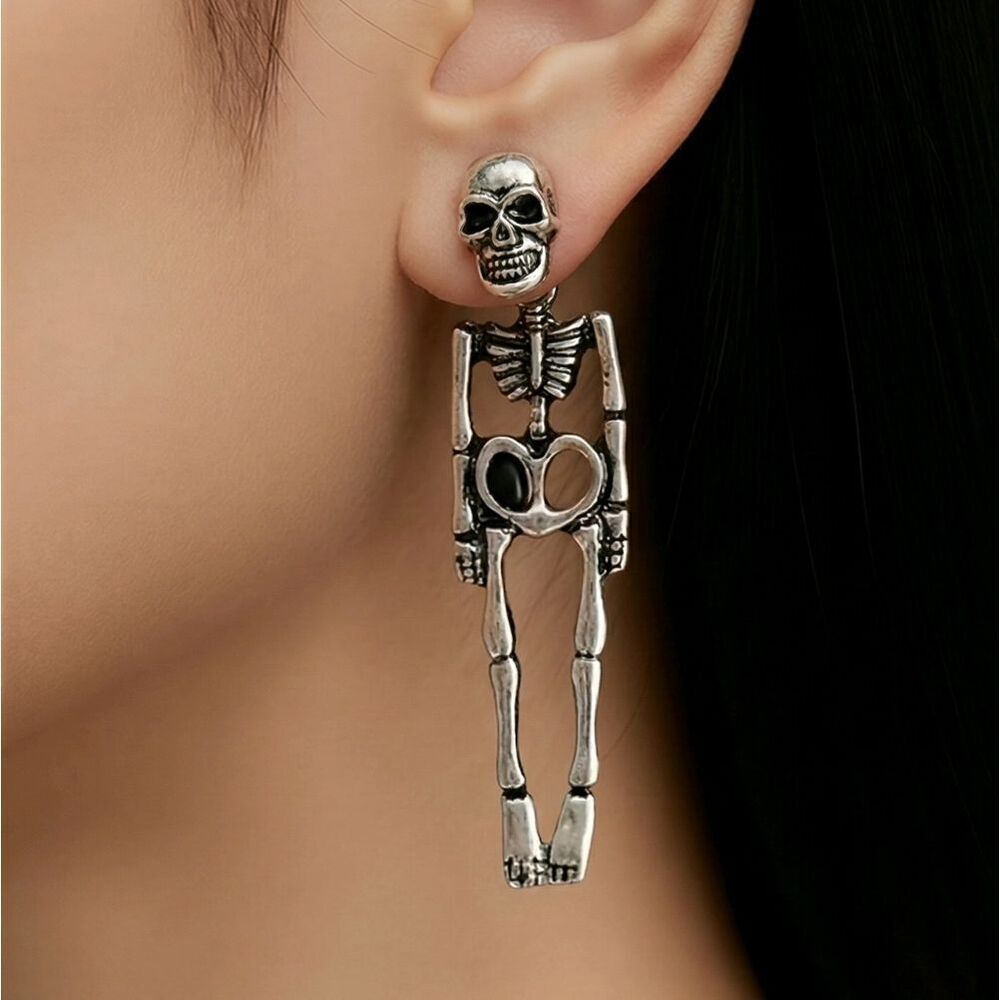 Skeleton Ear Jacket Earrings Silver Gothic Dangle Skull Bone Statement Spooky